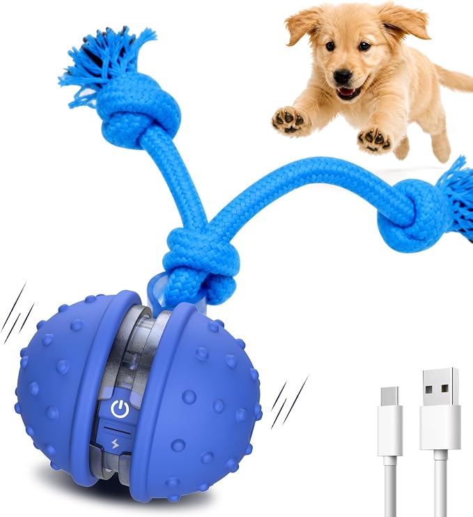Interactive Automatic Moving Dog Ball with Rope – Rechargeable Motion-Activated Toy for Dogs & Puppies