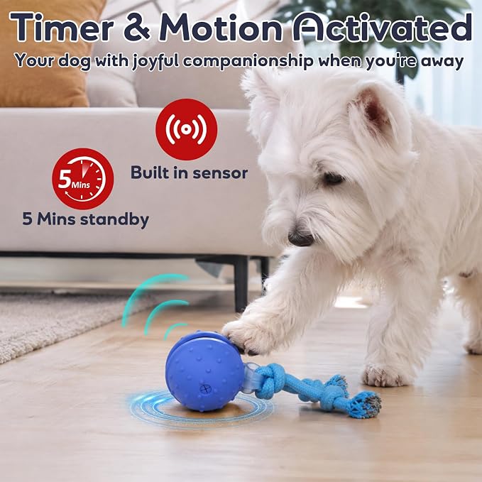 Interactive Automatic Moving Dog Ball with Rope – Rechargeable Motion-Activated Toy for Dogs & Puppies