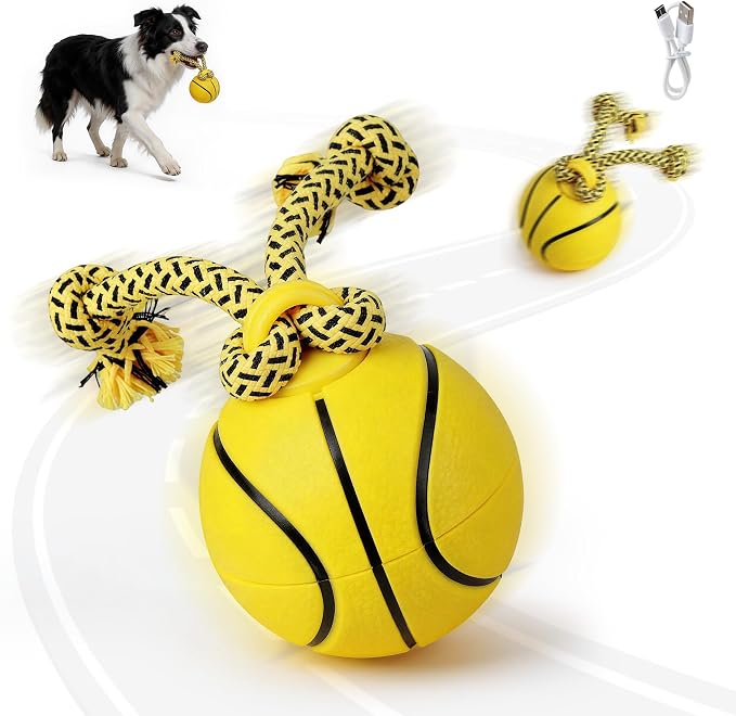 Interactive Automatic Dog Ball with Rope – Rechargeable Motion-Activated Rolling Toy with 3 Play Modes for Medium & Large Dogs