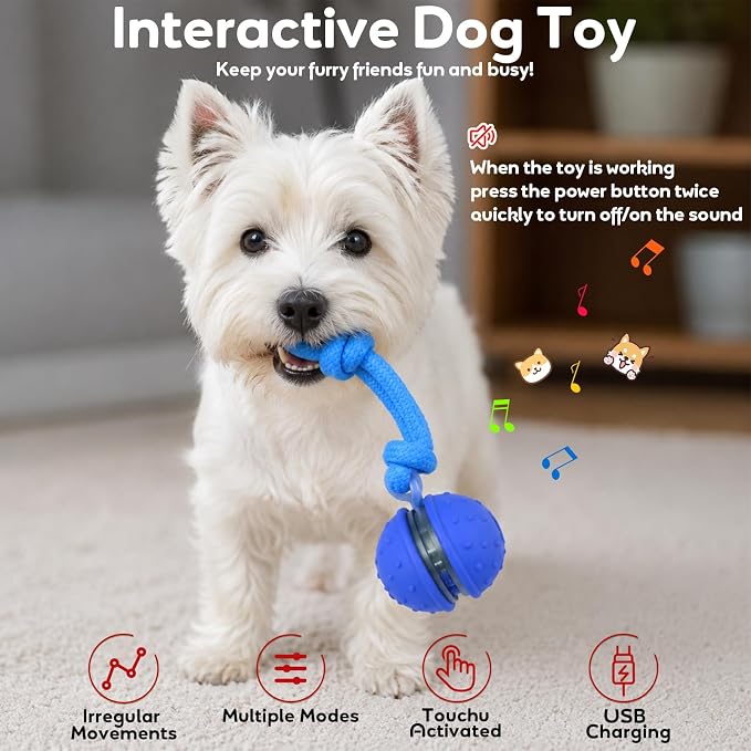 Interactive Automatic Moving Dog Ball with Rope – Rechargeable Motion-Activated Toy for Dogs & Puppies