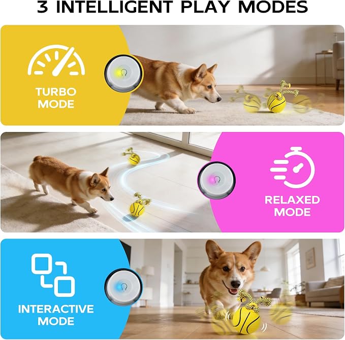Interactive Automatic Dog Ball with Rope – Rechargeable Motion-Activated Rolling Toy with 3 Play Modes for Medium & Large Dogs