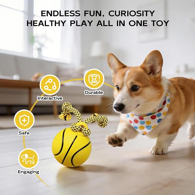 Interactive Automatic Dog Ball with Rope – Rechargeable Motion-Activated Rolling Toy with 3 Play Modes for Medium & Large Dogs