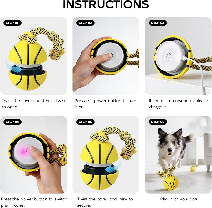 Interactive Automatic Dog Ball with Rope – Rechargeable Motion-Activated Rolling Toy with 3 Play Modes for Medium & Large Dogs