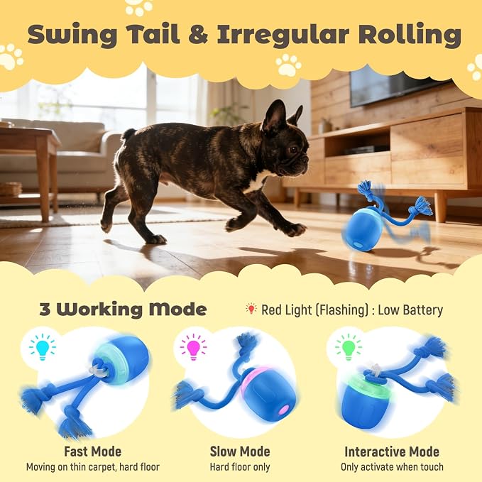 Interactive Automatic Moving Dog Ball with Rope – Rechargeable Rolling Dog Toy for Medium & Large Dogs