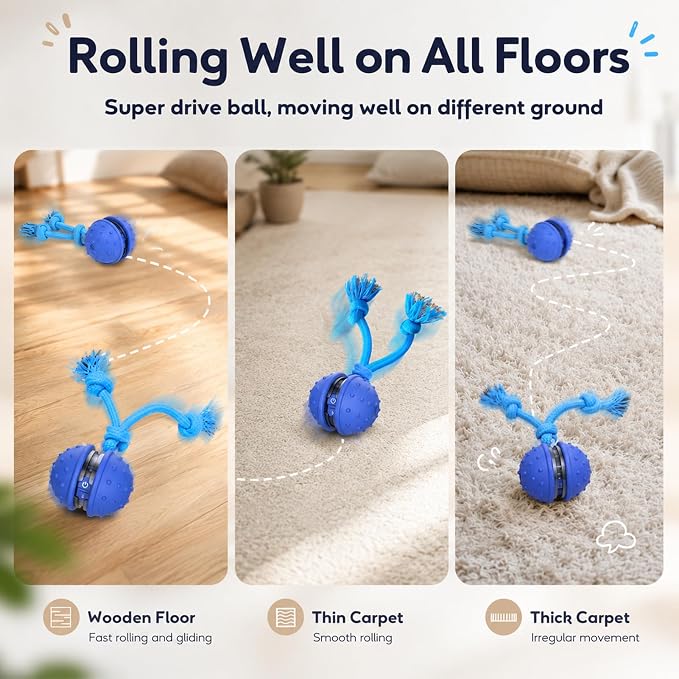Interactive Automatic Moving Dog Ball with Rope – Rechargeable Motion-Activated Toy for Dogs & Puppies