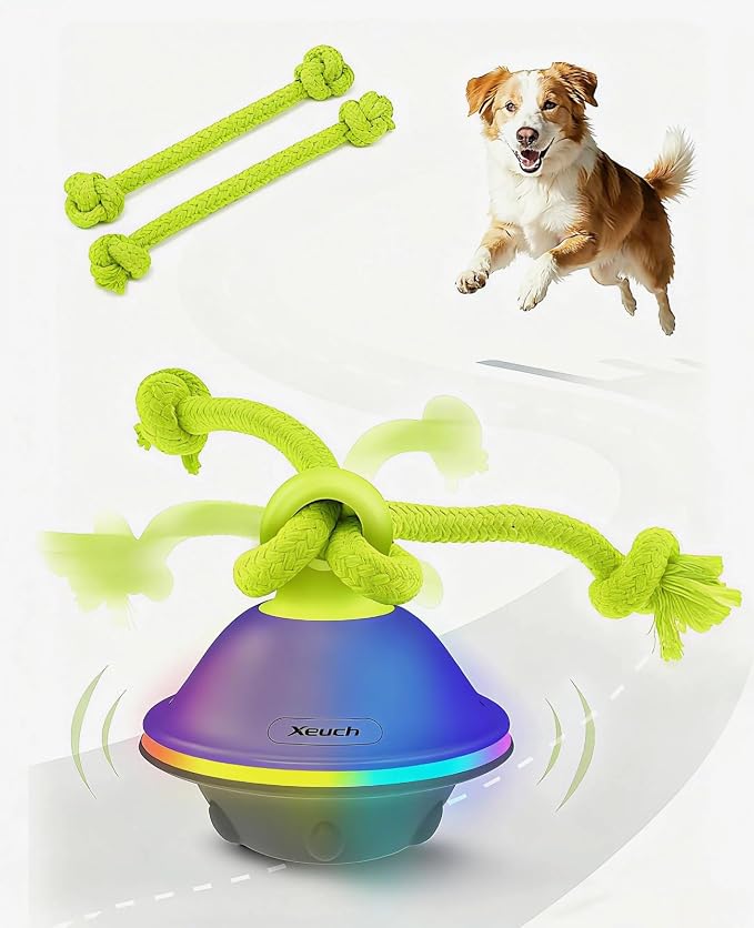 Smart Interactive Automatic Dog Ball with Rope – Motion-Activated Rolling & Squeaky Toy with RGB Lights, Sound & Voice Recording