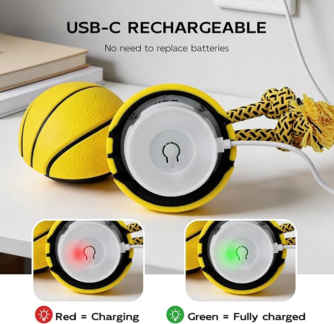 Interactive Automatic Dog Ball with Rope – Rechargeable Motion-Activated Rolling Toy with 3 Play Modes for Medium & Large Dogs
